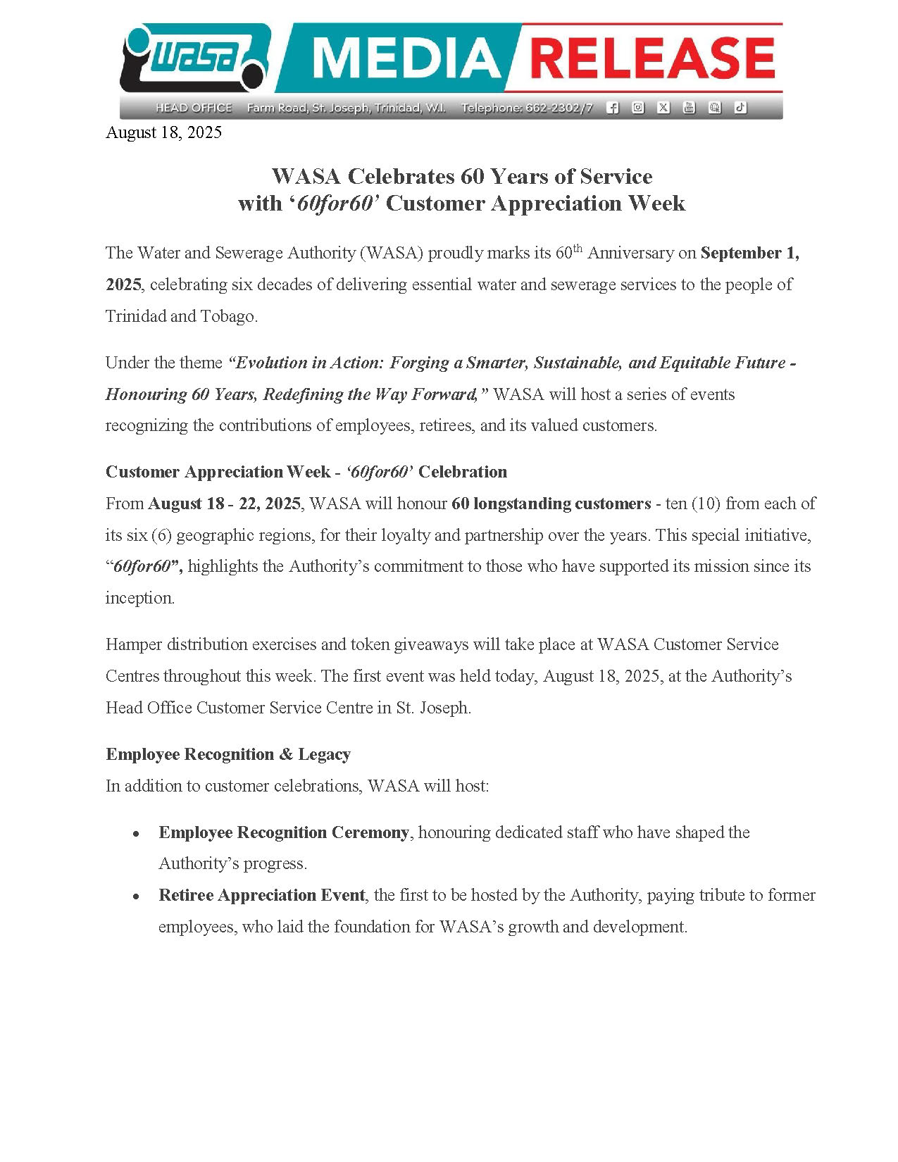 WASA Celebrates 60 Years of Service